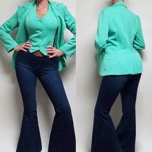 70s Vintage Worthington Mint Green Knit V-neck Vest Blazer Two-Piece Set 15/16